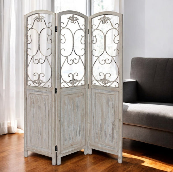 HomeRoots Romantic Whitewashed Scroll Three-Panel Room Divider Screen: Stylish Privacy Solution for Any Space 415076