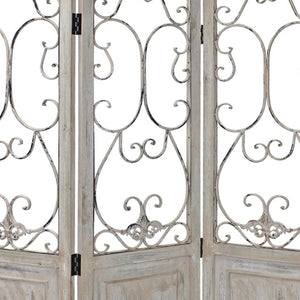 HomeRoots Romantic Whitewashed Scroll Three-Panel Room Divider Screen: Stylish Privacy Solution for Any Space 415076