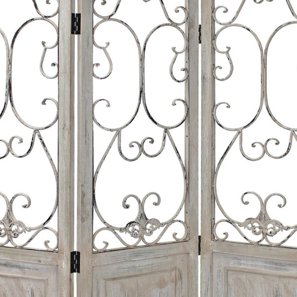 HomeRoots Romantic Whitewashed Scroll Three-Panel Room Divider Screen: Stylish Privacy Solution for Any Space 415076