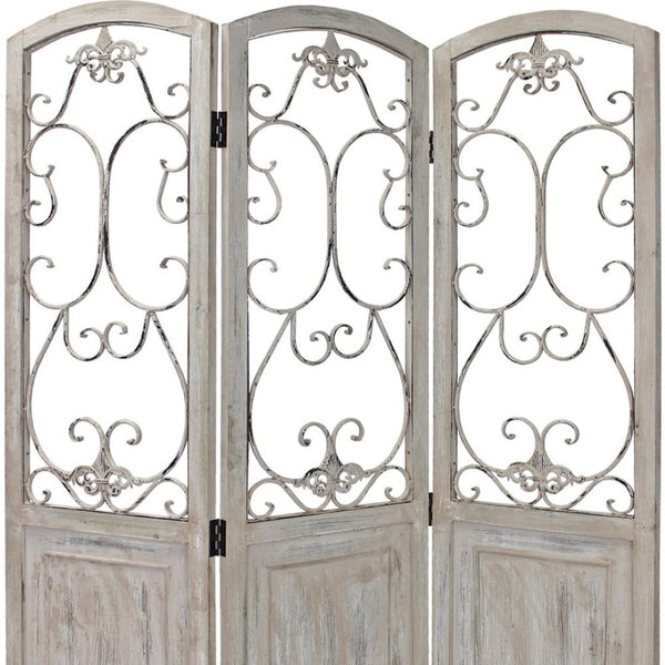 HomeRoots Romantic Whitewashed Scroll Three-Panel Room Divider Screen: Stylish Privacy Solution for Any Space 415076