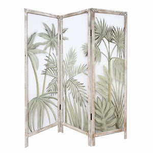 Homeroots 63" Brown And Green Wood And Fabric Tropical Palms Folding Three Panel Screen Room Divider   415078