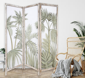 Homeroots 63" Brown And Green Wood And Fabric Tropical Palms Folding Three Panel Screen Room Divider   415078