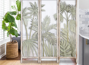 Homeroots 63" Brown And Green Wood And Fabric Tropical Palms Folding Three Panel Screen Room Divider   415078
