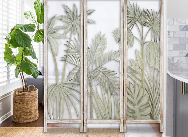 Homeroots 63" Brown And Green Wood And Fabric Tropical Palms Folding Three Panel Screen Room Divider   415078