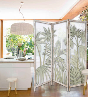 Homeroots 63" Brown And Green Wood And Fabric Tropical Palms Folding Three Panel Screen Room Divider   415078