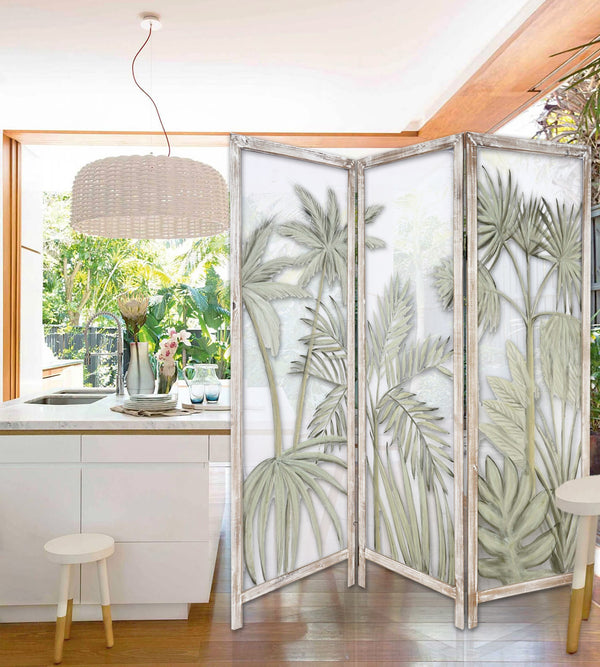 Homeroots 63" Brown And Green Wood And Fabric Tropical Palms Folding Three Panel Screen Room Divider   415078