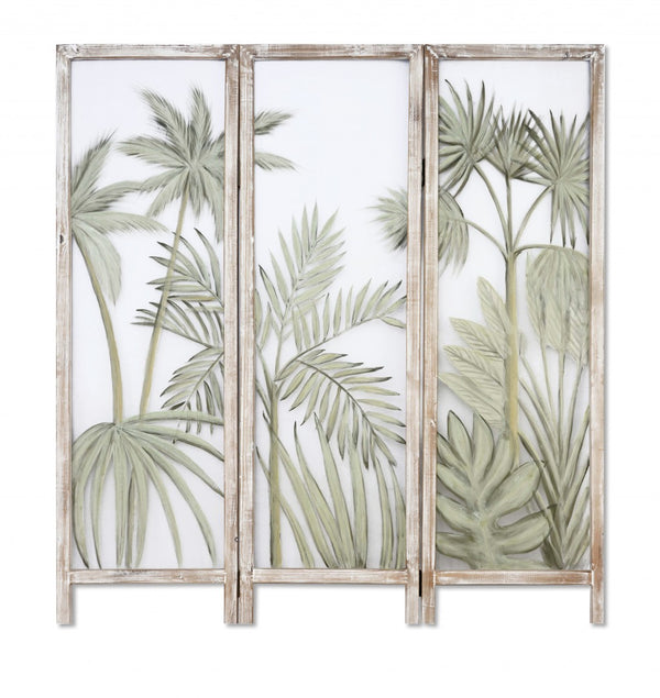 Homeroots 63" Brown And Green Wood And Fabric Tropical Palms Folding Three Panel Screen Room Divider   415078