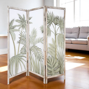 Homeroots 63" Brown And Green Wood And Fabric Tropical Palms Folding Three Panel Screen Room Divider   415078