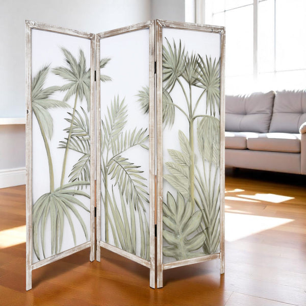 Homeroots 63" Brown And Green Wood And Fabric Tropical Palms Folding Three Panel Screen Room Divider   415078