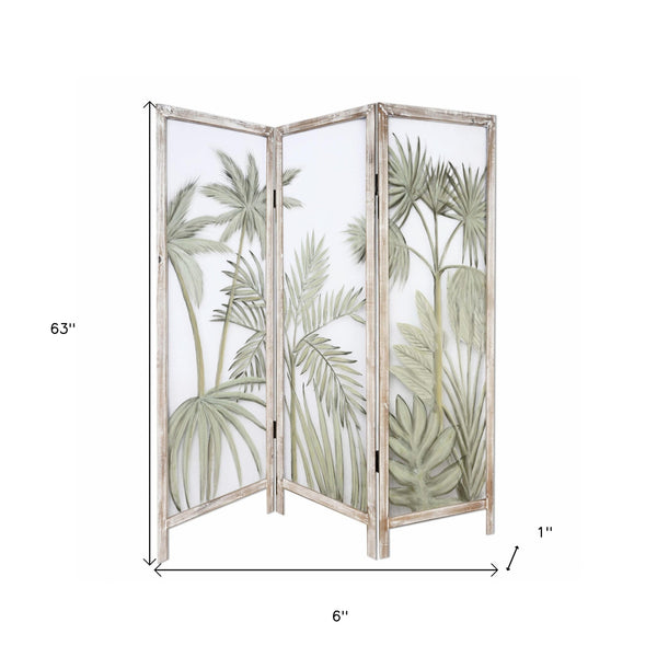 Homeroots 63" Brown And Green Wood And Fabric Tropical Palms Folding Three Panel Screen Room Divider   415078
