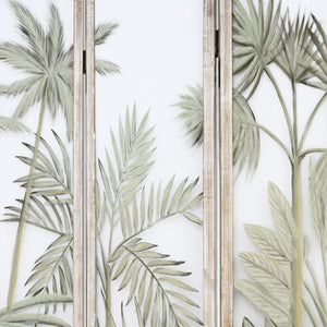 Homeroots 63" Brown And Green Wood And Fabric Tropical Palms Folding Three Panel Screen Room Divider   415078
