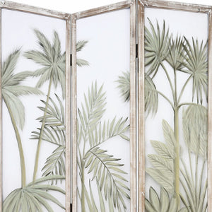 Homeroots 63" Brown And Green Wood And Fabric Tropical Palms Folding Three Panel Screen Room Divider   415078