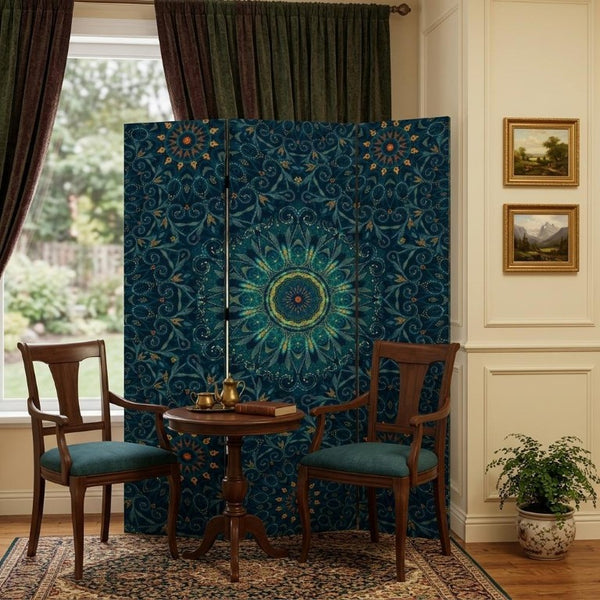 Blue Bohemian Mandala Folding Privacy Screen with Three Decorative Art Panels