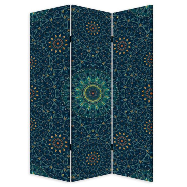 HomeRoots Blue Bohemian Mandala Folding Privacy Screen with Three Decorative Art Panels 415082