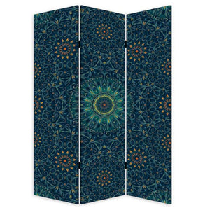 HomeRoots Blue Bohemian Mandala Folding Privacy Screen with Three Decorative Art Panels 415082