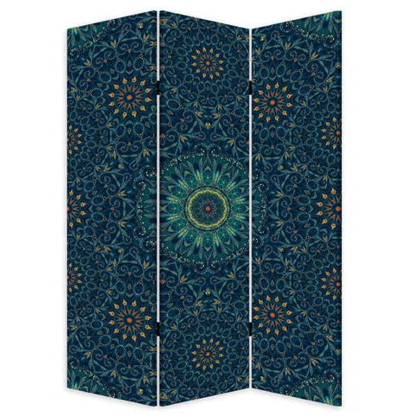 HomeRoots Blue Bohemian Mandala Folding Privacy Screen with Three Decorative Art Panels 415082