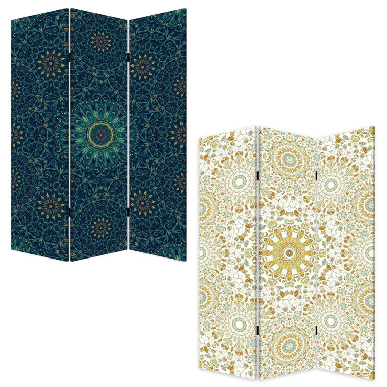 HomeRoots Blue Bohemian Mandala Folding Privacy Screen with Three Decorative Art Panels 415082