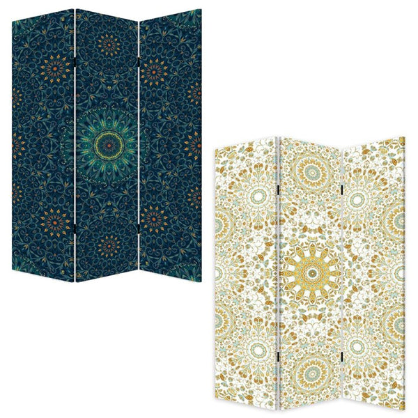 Blue Bohemian Mandala Folding Privacy Screen with Three Decorative Art Panels