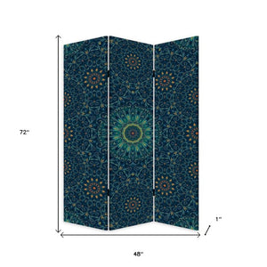 Blue Bohemian Mandala Folding Privacy Screen with Three Decorative Art Panels