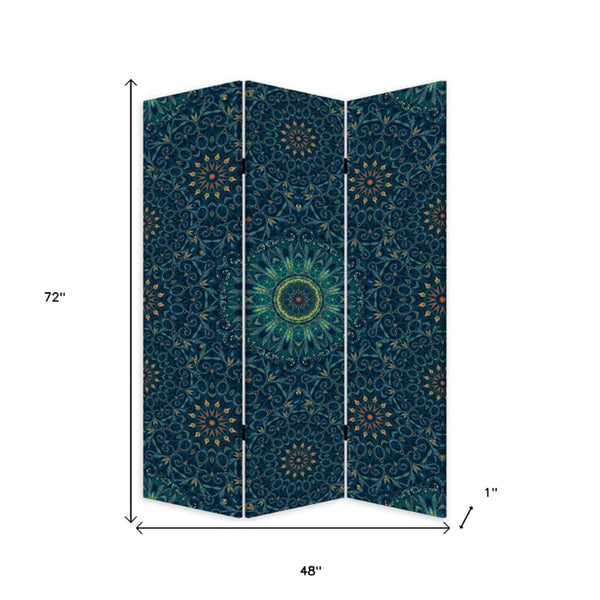 Blue Bohemian Mandala Folding Privacy Screen with Three Decorative Art Panels