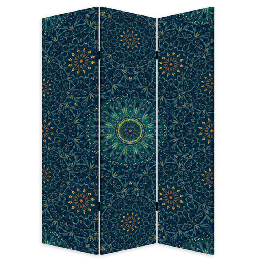 Homeroots Blue Boho Mandala Three Panel Room Divider Screen  Wood 415082