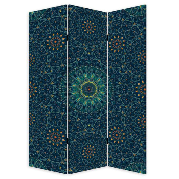 Homeroots Blue Boho Mandala Three Panel Room Divider Screen  Wood 415082
