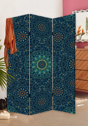 Homeroots Blue Boho Mandala Three Panel Room Divider Screen  Wood 415082