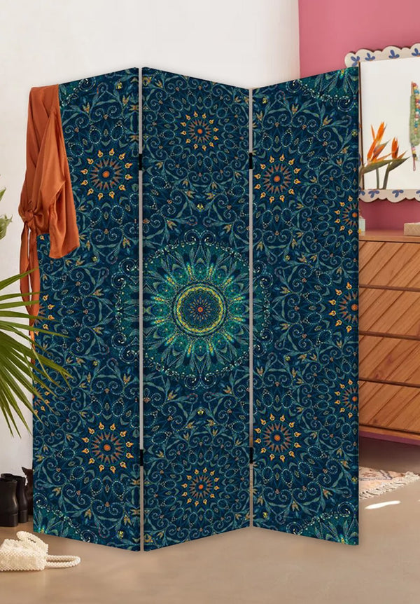 Homeroots Blue Boho Mandala Three Panel Room Divider Screen  Wood 415082