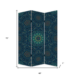 Homeroots Blue Boho Mandala Three Panel Room Divider Screen  Wood 415082