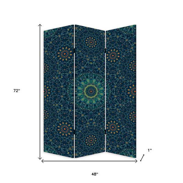Homeroots Blue Boho Mandala Three Panel Room Divider Screen  Wood 415082