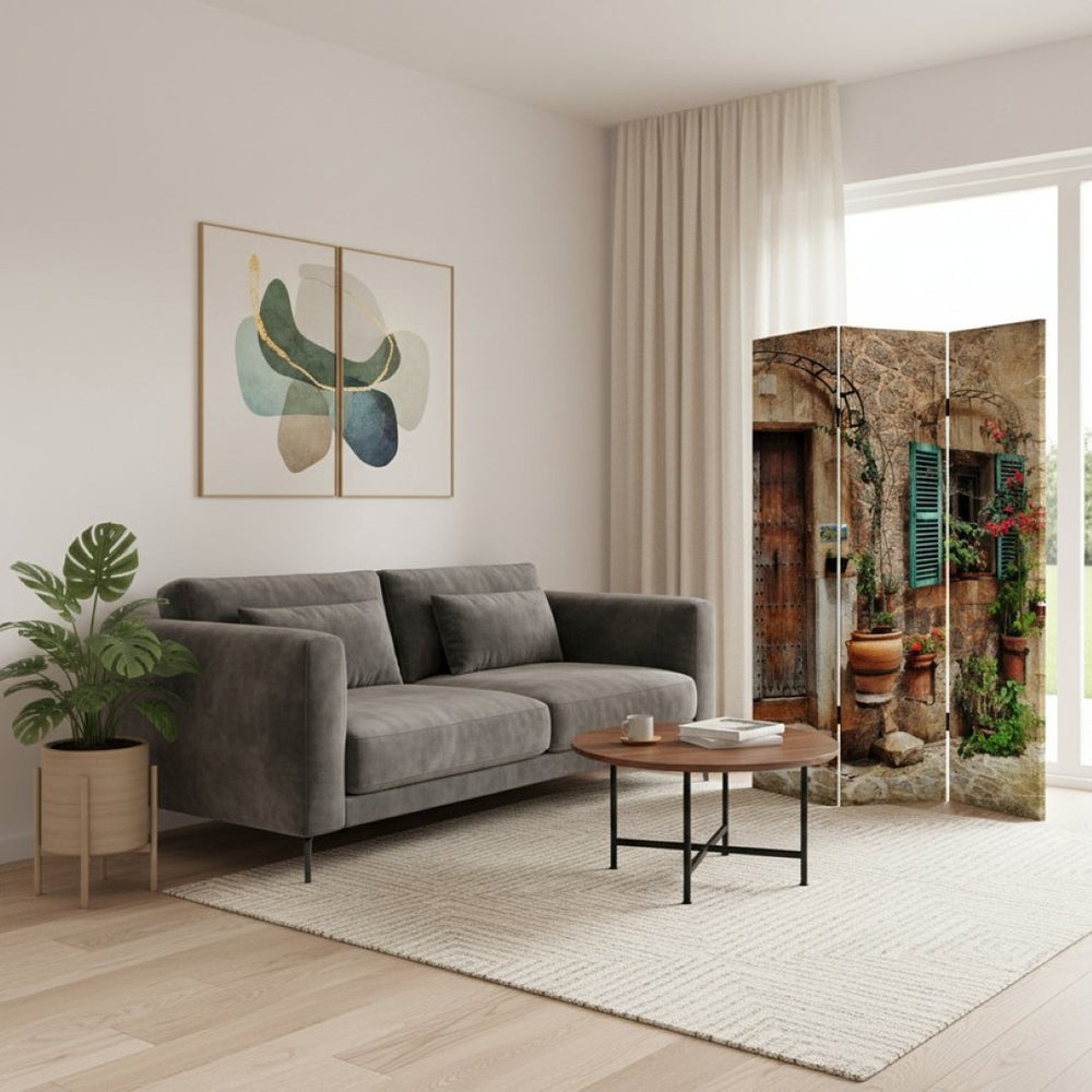 HomeRoots Romantic European Street Three-Panel Room Divider Screen – Elegant Folding Art for Home & Office 415083