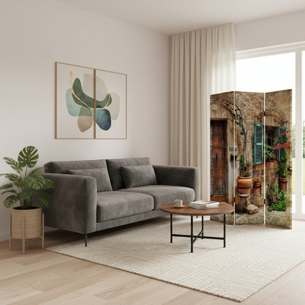 HomeRoots Romantic European Street Three-Panel Room Divider Screen – Elegant Folding Art for Home & Office 415083