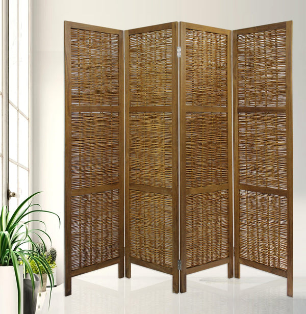 Homeroots Brown Willow Four Panel Room Divider Screen  Willow 415089