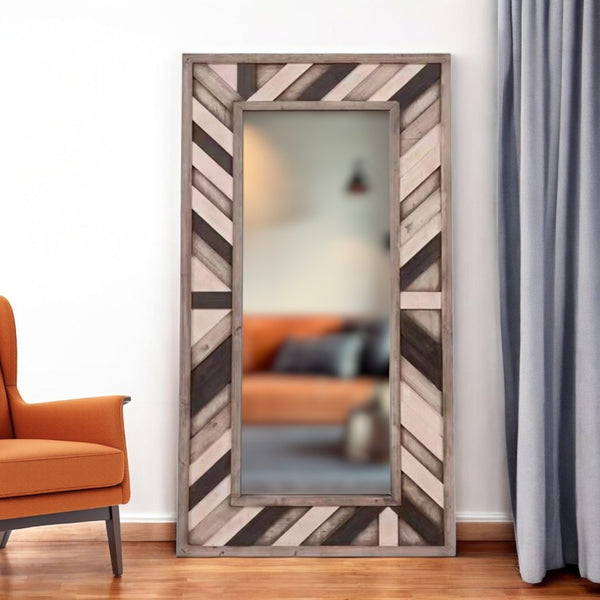 HomeRoots 71" Rustic Ivory and Gray Leaning Accent Mirror - Full-Length, Handcrafted, Farmhouse Charm Piece 415091