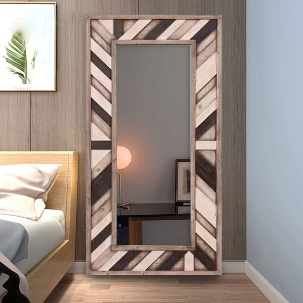 HomeRoots 71" Rustic Ivory and Gray Leaning Accent Mirror - Full-Length, Handcrafted, Farmhouse Charm Piece 415091