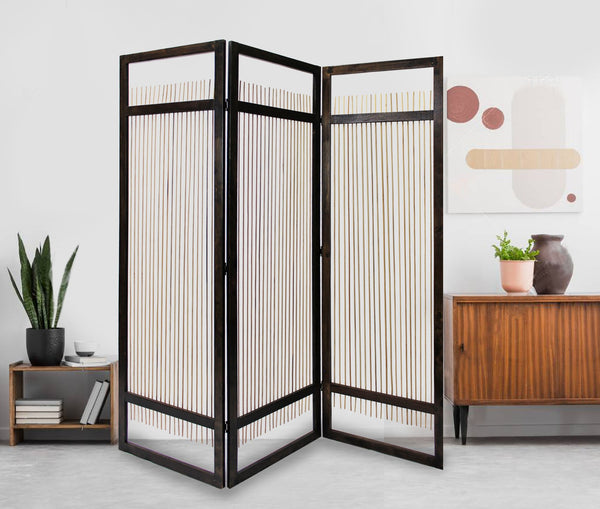Homeroots Light And Dark Rattan Three Panel Room Divider Screen  Wood 415093