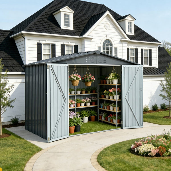 English Elm Metal Galvanized Steel Outdoor Shed with Double Doors for Backyard Tool Storage W5006S00001