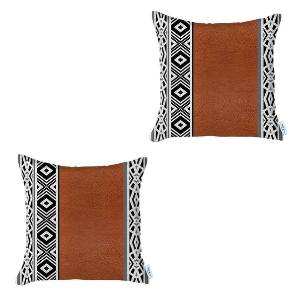 Homeroots Set Of Two 18" Brown And White Faux Leather Throw Pillow   415118
