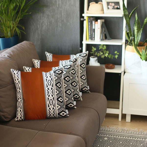 HomeRoots Set of Four 18" Geometric Fabric & Faux Leather Throw Pillows for Modern Home Décor & Comfort 415122
