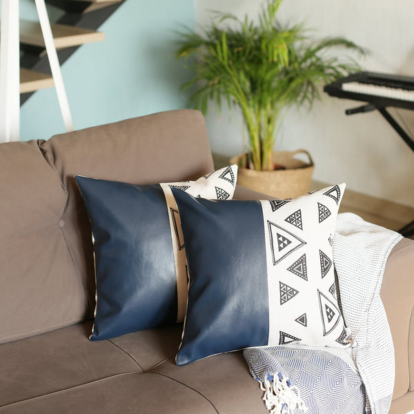 Homeroots Set Of Two 18" Black And White Geometric Fabric And Faux Leather Throw Pillows   415138