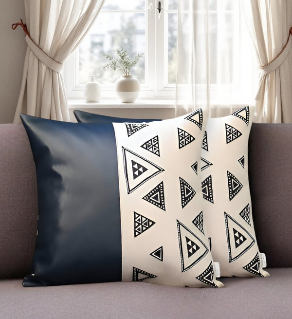Homeroots Set Of Two 18" Black And White Geometric Fabric And Faux Leather Throw Pillows   415138