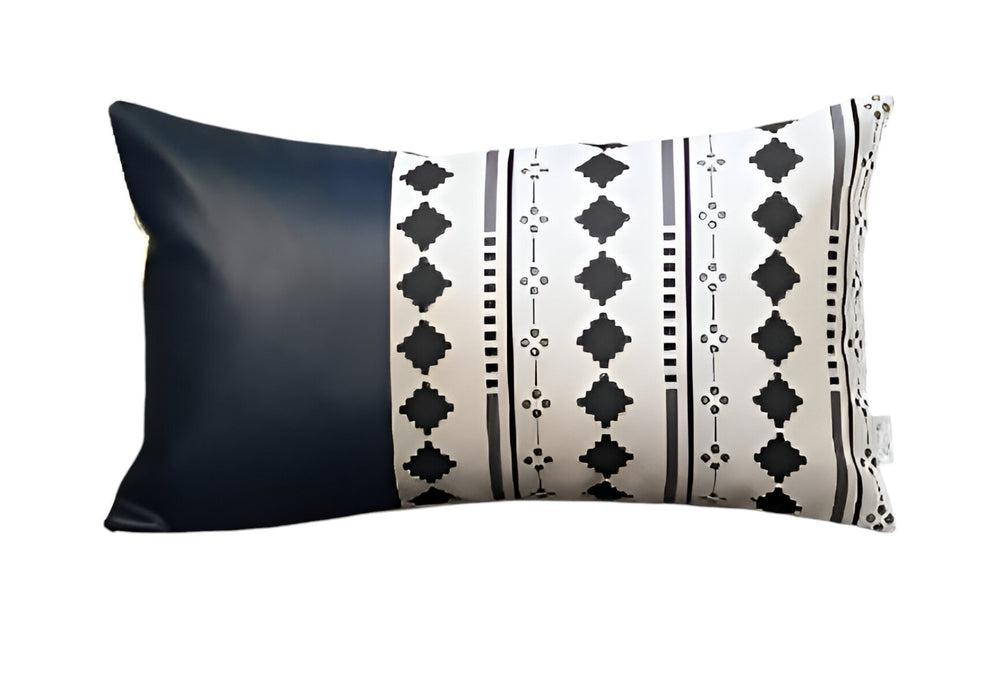 Homeroots Set Of Two 12" X 20" Navy Blue Diamond Fabric And Faux Leather Lumbar Throw Pillows   415187