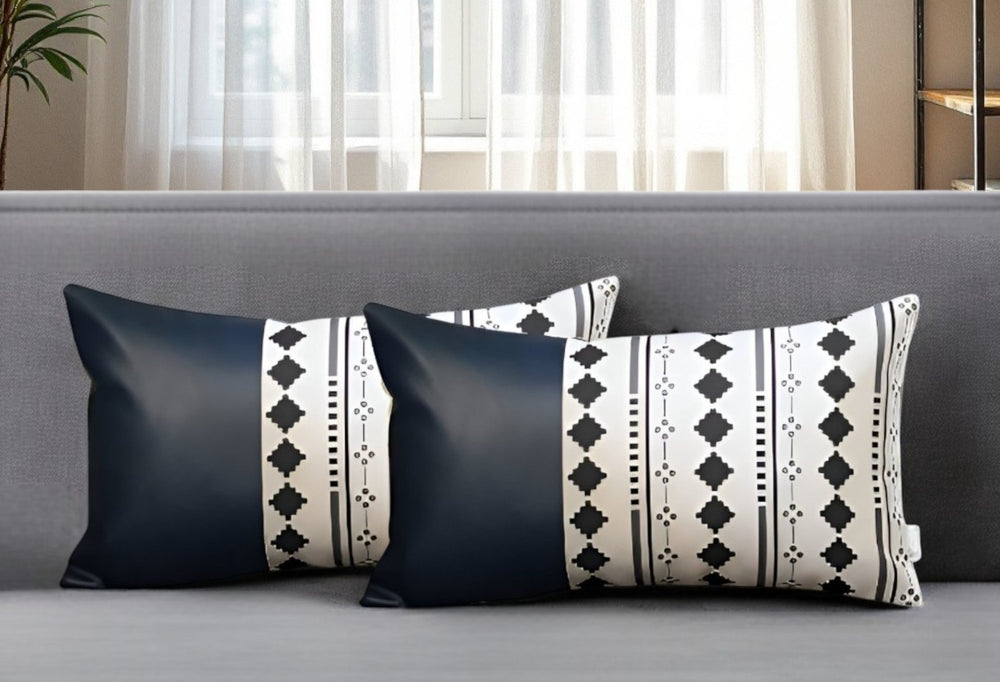 Homeroots Set Of Two 12" X 20" Navy Blue Diamond Fabric And Faux Leather Lumbar Throw Pillows   415187
