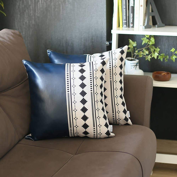 Homeroots Set Of Two 17" Navy Blue Diamond Fabric And Faux Leather Throw Pillows   415189