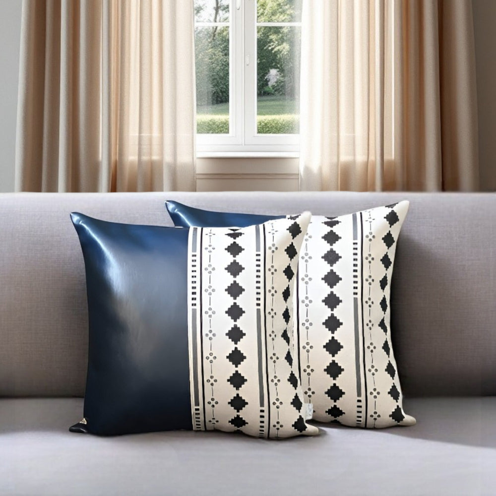 Homeroots Set Of Two 17" Navy Blue Diamond Fabric And Faux Leather Throw Pillows   415189