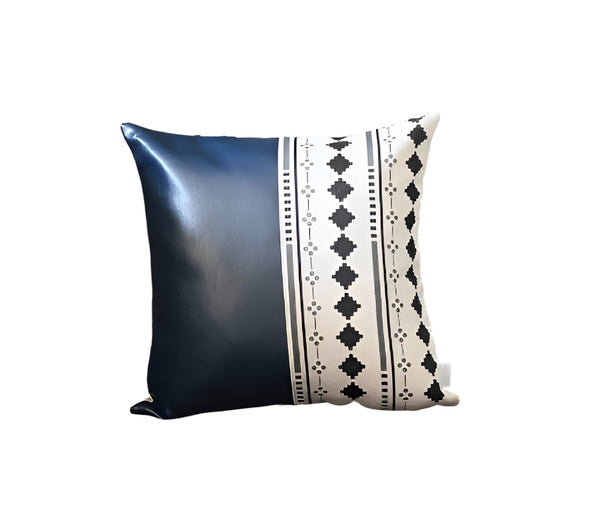 Homeroots Set Of Two 17" Navy Blue Diamond Fabric And Faux Leather Throw Pillows   415189