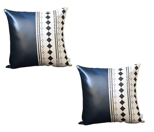 Homeroots Set Of Two 17" Navy Blue Diamond Fabric And Faux Leather Throw Pillows   415189