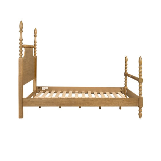 English Elm Bed Natural Queen Solid Wood Camel Oak Platform Bed with Turned Legs, 500lb Capacity, Queen Size B035S00063