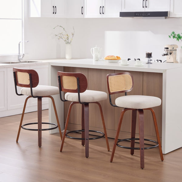 English Elm Set of 2 Swivel Counter Stools Walnut Frame Rattan Back Linen Seat Kitchen Island Beige W1143P392163