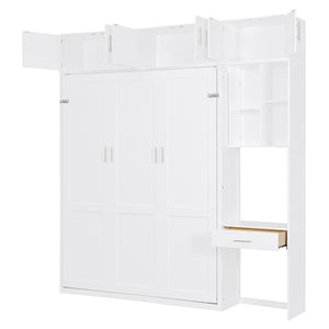English Elm Queen Murphy Bed with Integrated Desk Cabinet Shelves Space Saving Studio Solution White N708S00021K-1